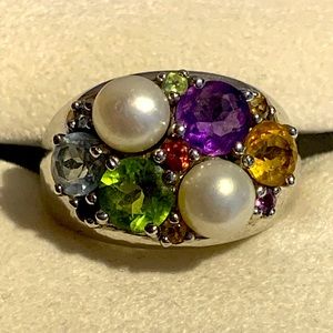 Ross Simons Multiple Gemstone & Pearl Cluster Sterling Silver 925 Ring